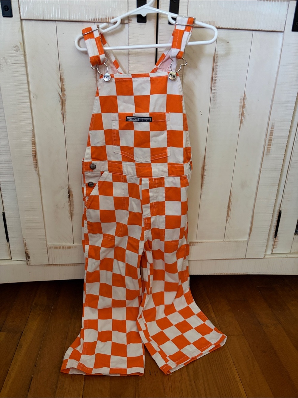 Kids Orange & White Checkered Overalls with Front Bib
